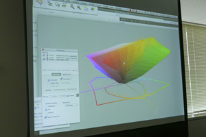 まずは吉田繁先生から伊勢和紙の色域についてのレクチャー。とくに暗部の再現性が低いことを踏まえたうえでレタッチを施すようにと注意が……。